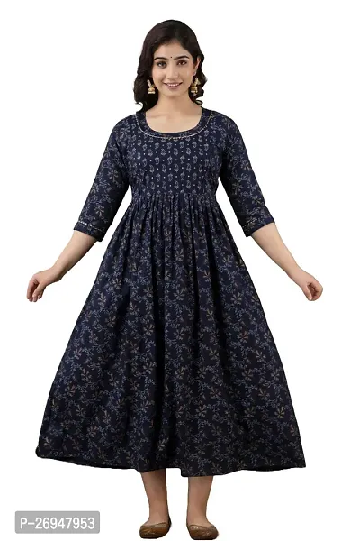 Stylish Navy Blue Cotton Anarkali Printed Stitched Kurti For Women