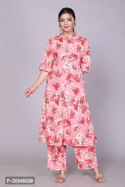 Reliable Pink Printed Polycotton Kurta with Pant Set For Women-thumb2