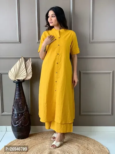 Reliable Yellow Self Design Cotton Kurta with Pant Set For Women-thumb2