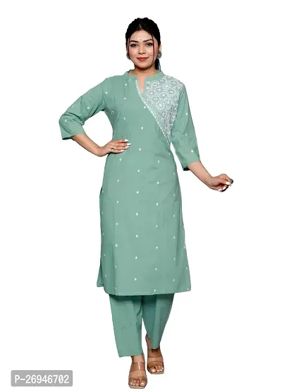 Reliable Green Embroidered Cotton Kurta with Pant Set For Women-thumb0