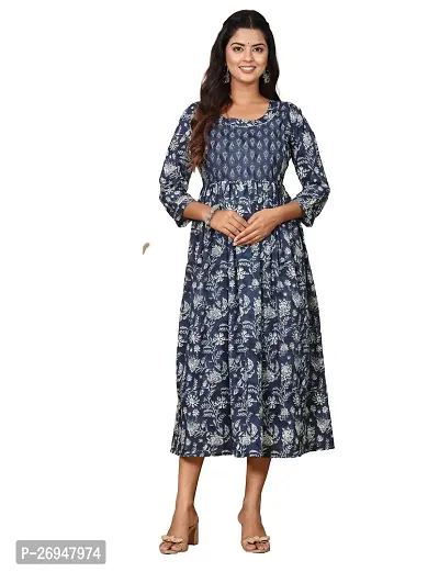 Stylish Blue Cotton Anarkali Printed Stitched Kurti For Women