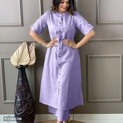 Reliable Purple Solid Cotton Kurta with Pant Set For Women-thumb3