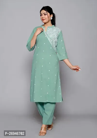 Reliable Green Embroidered Cotton Kurta with Pant Set For Women-thumb4