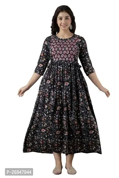 Stylish Black Cotton Anarkali Printed Stitched Kurti For Women