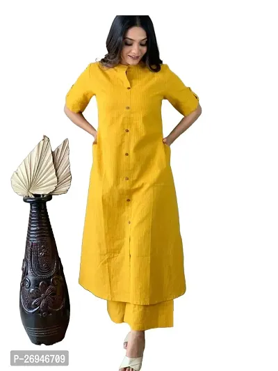 Reliable Yellow Self Design Cotton Kurta with Pant Set For Women-thumb0