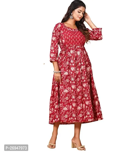 Stylish Red Cotton Anarkali Printed Stitched Kurti For Women