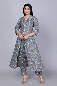 Reliable Grey Printed Cotton Kurta with Pant Set For Women-thumb1