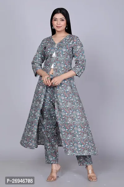 Reliable Grey Printed Cotton Kurta with Pant Set For Women-thumb2