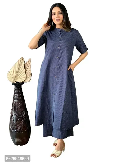 Reliable Blue Self Design Cotton Kurta with Pant Set For Women-thumb0