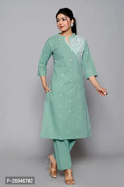 Reliable Green Embroidered Cotton Kurta with Pant Set For Women-thumb5