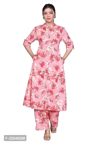 Reliable Pink Printed Polycotton Kurta with Pant Set For Women-thumb0