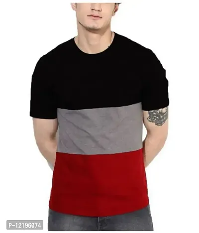 The Fabshoppper Cotton Black Grey and Red Colorblock Round Neck Men's T-Shirt-thumb0