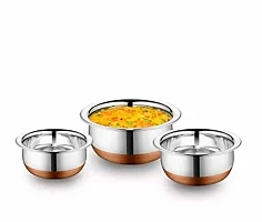 Best Quality Stainless Steel Copper Bottom Handi Pot Prabhu Chetty Curved Copper Plate at Bottom Set, Brown  Steel Vegetable Bowl ,Cooking Dinner Table Serving Biryani Pot Handi with lids-thumb1