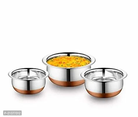 Best Quality Stainless Steel Copper Bottom Handi Pot Prabhu Chetty Curved Copper Plate at Bottom Set, Brown  Steel Vegetable Bowl ,Cooking Dinner Table Serving Biryani Pot Handi with lids-thumb2