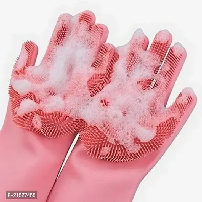 Gloves Magic Silicone Dish Washing Gloves, Silicon Cleaning Gloves, Silicon Hand Gloves for Kitchen Dishwashing and Pet Grooming, Great for Washing Dish, Car, Bathroom Multicolour-thumb0