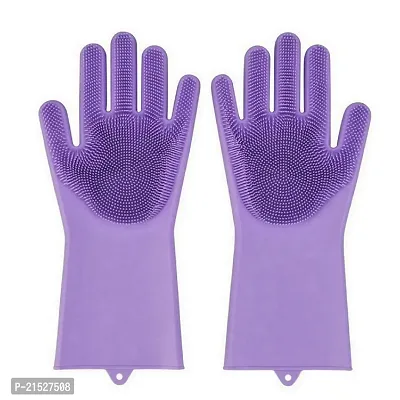 Magic Silicone Heavy 160 grams Reusable Scrubbing Gloves for Kitchen Dish Washing, Pet Grooming, Car or Bathroom Cleaning | 1 Set | Random Color-thumb0