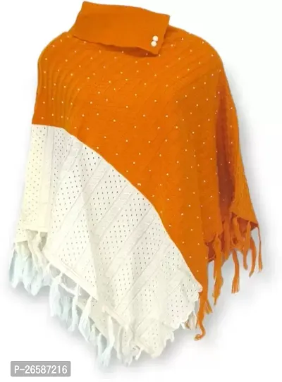 Stylish Orange Wool Blend Colourblocked Poncho For Women-thumb0