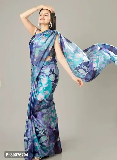 Beautiful Satin Printed Saree With Blouse Piece-thumb0