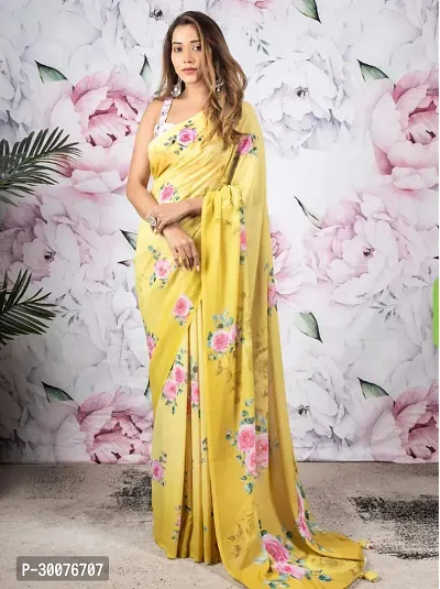 Beautiful Satin Printed Saree With Blouse Piece-thumb0