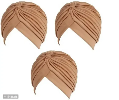 PAROPKAR Men's & Women's Pleated Head Wrap Knit Bonnet Turban/Pleated Stretchable Polyester Women?s Turban Head Cover/Sun Cap Pagri Pack of 3 (Golden)-thumb0