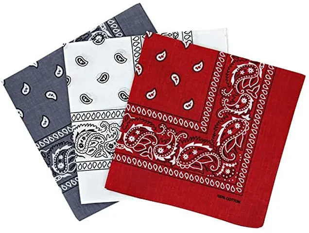 PAROPKAR Casual Latest Men & Women Bandana Handkerchief Unisex Paisley Bandanas Purpose Cowboy Head Wrap neckgaiter Face Cover Pack of 3 (Grey Red)