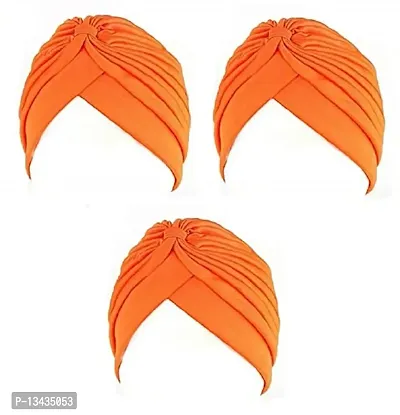 PAROPKAR Men's & Women's Pleated Head Wrap Knit Bonnet Turban/Pleated Stretchable Polyester Women?s Turban Head Cover/Sun Cap Pagri Pack of 3 (Orange)
