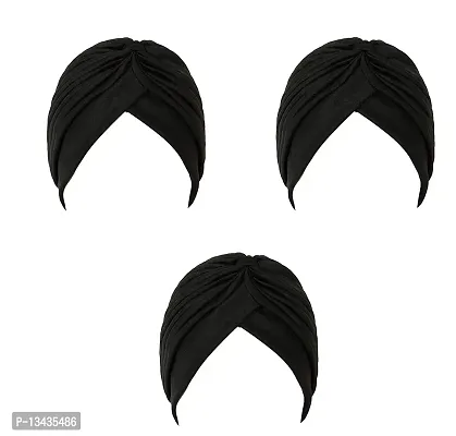 PAROPKAR Men's & Women's Pleated Head Wrap Knit Bonnet Turban/Pleated Stretchable Polyester Women?s Turban Head Cover/Sun Cap Pagri Pack of 3 (Black)-thumb0