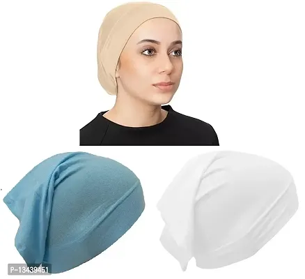 PAROPKAR ?? Under Hijab Hat Cap Stretch Solid Colour Scarf Bandana Bennie Convenient Bonnet Jersey Cap Head Wrap/Gear/Wear - Tube Hat Neck Cover/Warmer Face Mask (Sky blue Beige White)-thumb0