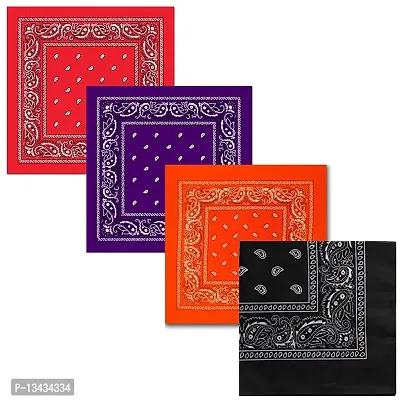 PAROPKAR Pack of 4 Bandanas Unisex Adult's Cotton Multicolor Paisley Print Head Wrap Bandana Handkerchiefs Face Mask Scarf Headwear Wristband Headband Hairband Cap. (Red Black Orange Purple)-thumb0