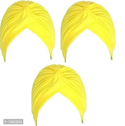PAROPKAR Men's & Women's Pleated Head Wrap Knit Bonnet Turban/Pleated Stretchable Polyester Women?s Turban Head Cover/Sun Cap Pagri Pack of 3 (Lemon Yellow)-thumb0