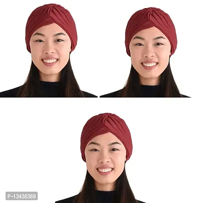 PAROPKAR Men's & Women's Pleated Head Wrap Knit Bonnet Turban/Pleated Stretchable Polyester Women?s Turban Head Cover/Sun Cap Pagri Pack of 3 (Maroon)-thumb0