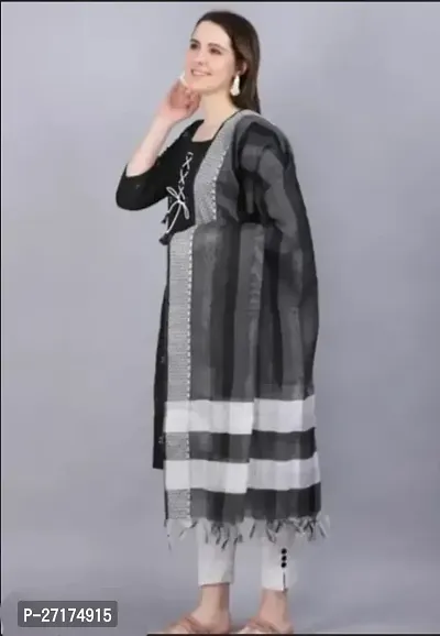 Beautiful Black Cotton Kurta, Bottom And Dupatta Set For Women-thumb0