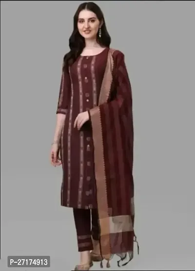 Beautiful Brown Cotton Kurta, Bottom And Dupatta Set For Women