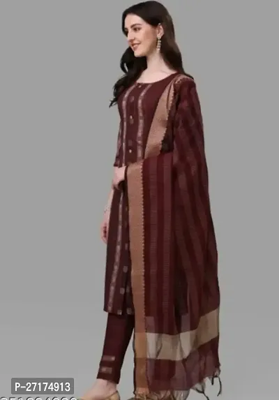 Beautiful Brown Cotton Kurta, Bottom And Dupatta Set For Women-thumb3