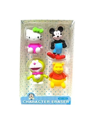 Mickey and Doraemon Erasers Pack of 4 Pencil Eraser Set Stationery for Kids Easy to Carry in Pencil Box | Children Love to Use Erasers