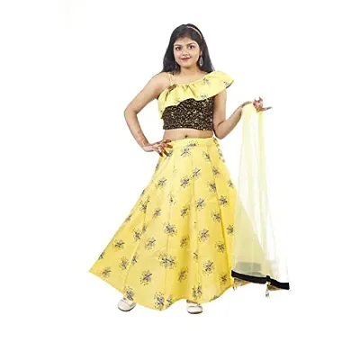 IIDAM Girls Regular Slim Fit Trees Printed Lehenga with Works Blouse and Dupatta Set for Girls |Kids Lehenga Choli | Full Stitched Lehenga Choli Set| (Pink)