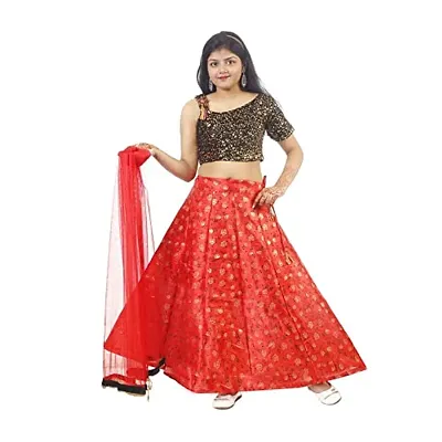 IIDAM Girls Regular Slim Fit Flower Printed Lehenga with Works Blouse and Dupatta Set for Girls |Kids Lehenga Choli | Full Stitched Lehenga Choli Set| (Firozi)