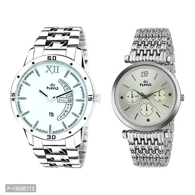 dlx hmt Unisex Watch Casual Dress Analog Quartz WristWatches Stainless Steel Watch (Silver, Set of 2)-thumb0