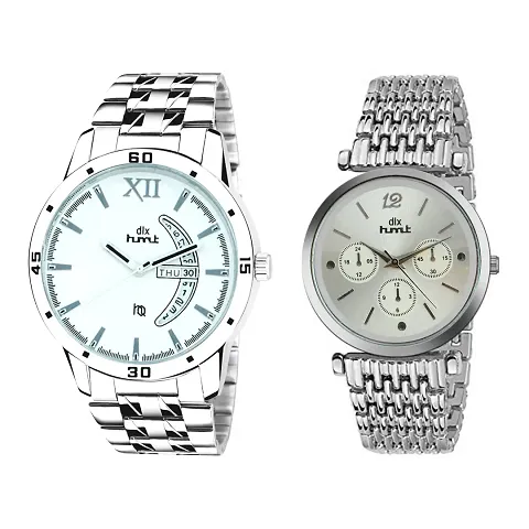 dlx hmt Unisex Watch Casual Dress Analog Quartz WristWatches Stainless Watch (Silver, Set of 2)