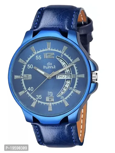 dlx hmt Men Analog Watch, Leather Strap Mechanical Watch with Date  Day, Men Wrist Watch (Blue)-thumb0