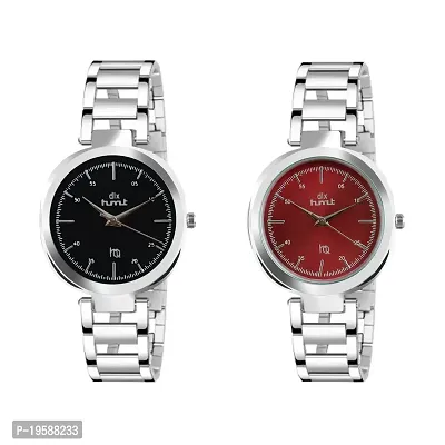 dlx hmt Women Watch Casual Dress Analog Quartz Display Fashion Wrist Watches Stainless Steel Watch (Silver, Set of 2)-thumb0