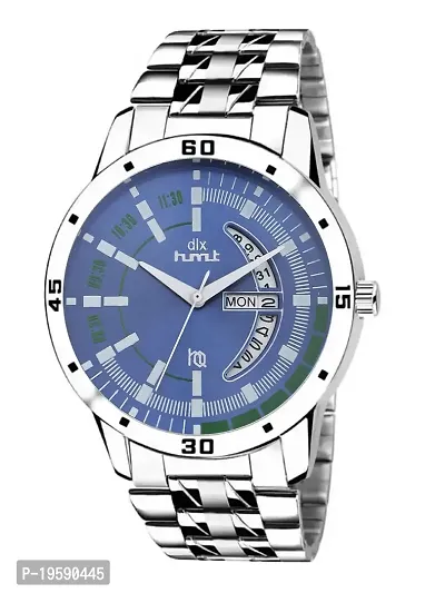 DLX Hmt Fashion Stainless Steel Case | Luxury Analog Watch | Classic Day and Date Dial |Stainless Steel Scratch Proof Watch for Men (Blue::Silver)