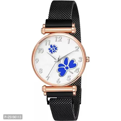 HD SALES White Color Dial Blue Dual Flower with Black Maganet Strap for Girl Women Analog Watch-thumb0