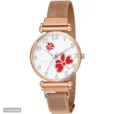 HD SALES White Color Dial Red Dual Flower with Rose Gold Maganet Strap for Girl Women Analog Watch-thumb0