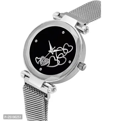 HD SALES Designer Heart Dial Black Silver Magnet Bult Girls and Women Wrist Watches-thumb3