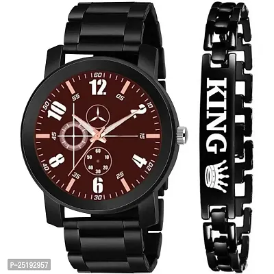 HD SALES DG_0M Series Men Black Methal Strap Fancy Watch  Black King Bracelet Combo Set for Men Analog Watch