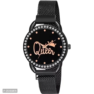 HD SALES Black Queen Dial with Full Diamond Designer Magnetic Buckle Watches for Girls