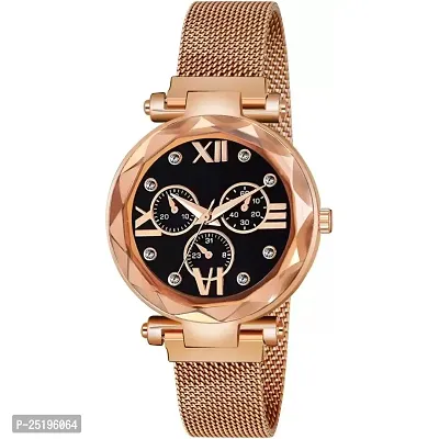 HD SALES Fashion Roman Digit Black Dial Rose Gold Maganet Strap for Girl Watch