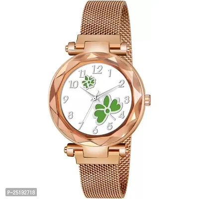 HD SALES Fashion Green Flower White Dial Rose Gold Case with Rose Gold Maganet Strap for Girl Analog Watch-thumb0