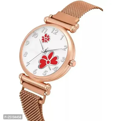 HD SALES White Color Dial Red Dual Flower with Rose Gold Maganet Strap for Girl Women Analog Watch-thumb2